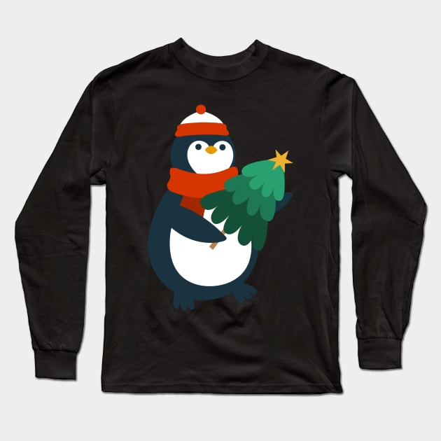 Penguin with Christmas tree Long Sleeve T-Shirt by Savvalinka